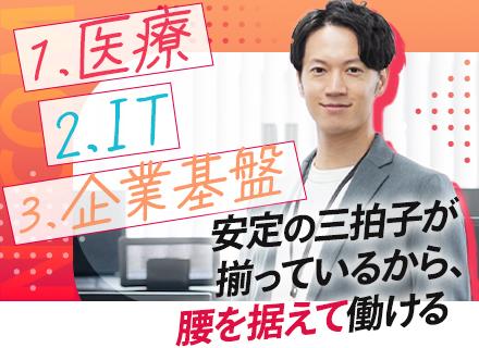 医療システムの導入サポート｜未経験OK｜半年～1年間の研修有｜残業20h程度｜年休125日｜住宅・家族手当あり